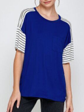 Watermelon Royal Blue Tee | Striped Sleeves | NWOT | 1XL–3XL | Made in USA